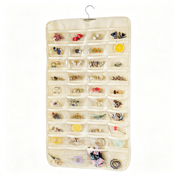 TUWAFE Hanging Jewelry Organizer,Double Sided 80 Pocket Jewelry Chain Storage Bag 2 Layer of Fabric Jewelry Organizer Holder for Necklace Bracelet Earring Ring Chain(Beige)