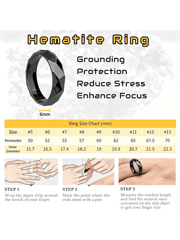 Hematite Rings for Men&Women,Unisex Healing Crystal Jewelry,Beveled Men'S &Women'S Black Crystal Stone Ring.Absorb Negative Energy,Anxiety Relief,Chakra Balance.Size