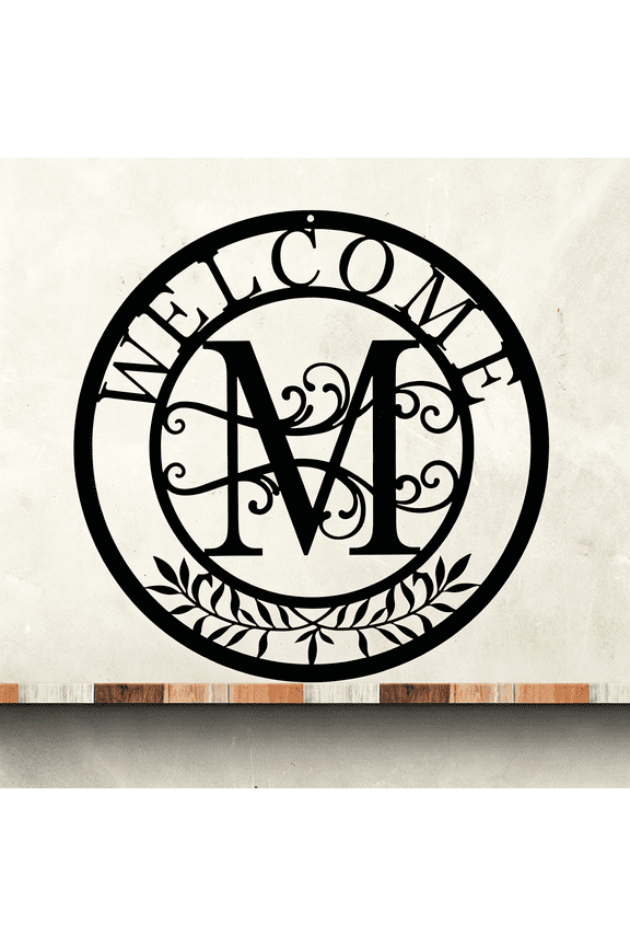 Initial Welcome Sign,12 Inch Metal Monogrammed Sign Farmhouse Front Door Porch Sign Wall Art Decor,Monogram Gift Rustic Welcome Wreath Hanging Ornament for Indoor Outdoor,M