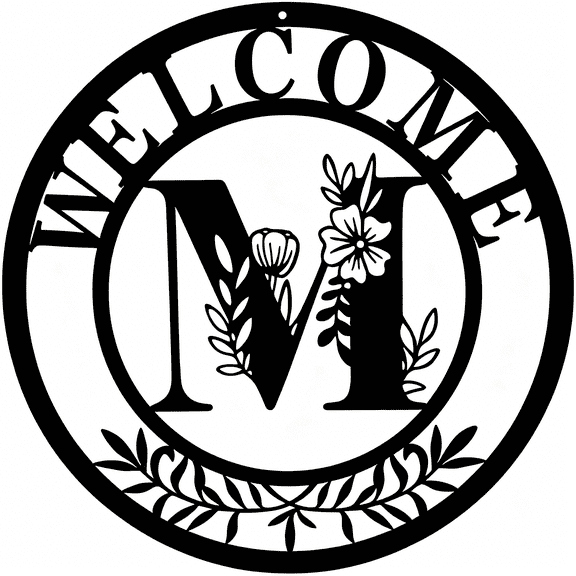 TUWAFE Initial Welcome Sign Front Door Wreath,12 Inch Metal Monogrammed Sign Farmhouse Porch Sign Wall Art Decor,Monogram Rustic Welcome Wreath for Indoor Outdoor (Letter M)