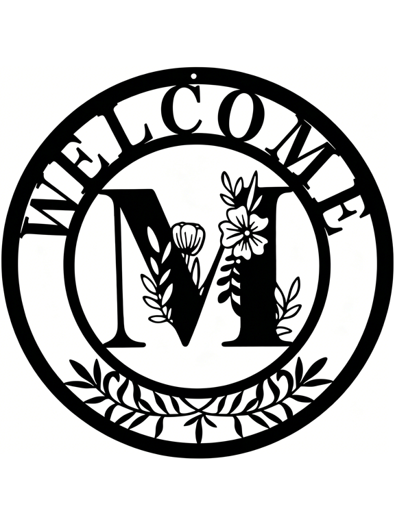 Initial Welcome Sign Front Door Wreath,12 Inch Metal Monogrammed Sign Farmhouse Porch Sign Wall Art Decor,Monogram Rustic Welcome Wreath for Indoor Outdoor (Letter M)