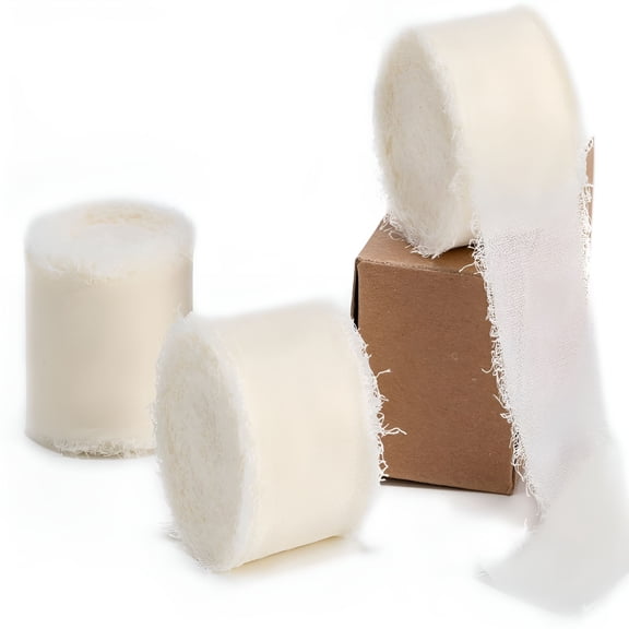 TUWAFE Ivory Chiffon Ribbon,1.5 Inch X 3 Rolls Total 24 Yards Ivory Fringe Chiffon Silk Ribbon,for Wrapping Wedding Invitations,Bridal Bouquets,Diy Crafts,Home Decor and More