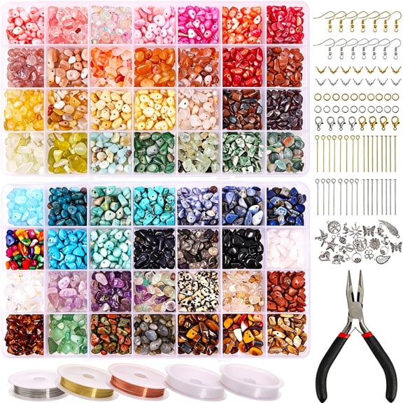 TUWAFE Jewelry Making Kit 1800Pcs 56 Colors Crystal Beads, Bracelet Making Kit Gemstone Chip Beads Irregular Natural Stone, Pliers, Wire, Earring Hooks, Rings for Diy Crafter