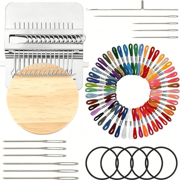 TUWAFE Knit Patch Kit Mini Portable Patch Set with 50-Color threads, Darning Loom Kit for Repair Jeans/Socks,Weaving Loom for Visible Mending, DIY Artful Patterns(14 Hooks)