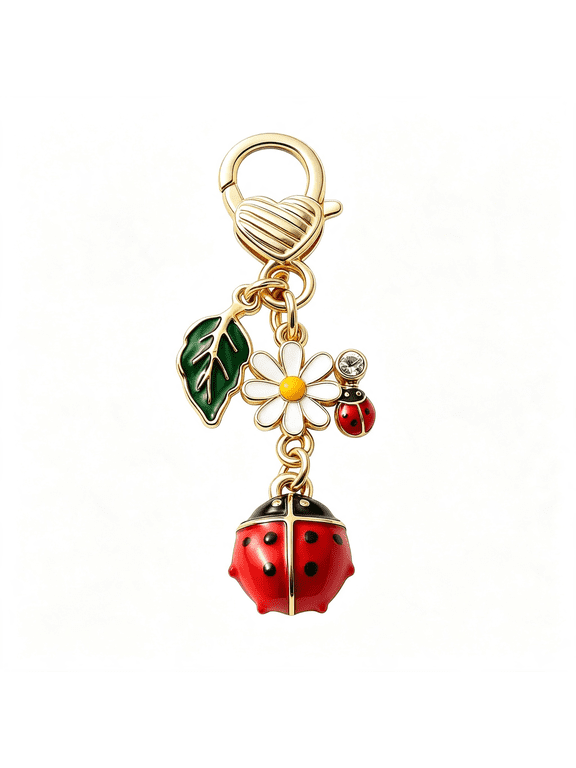 Ladybug Keychain,Daisy Keychains Bag Charms for Women|Cute Key Chains with Golden Heart,Daisy,Green Leaf and Crystal Accents Gifts for Nature Lovers