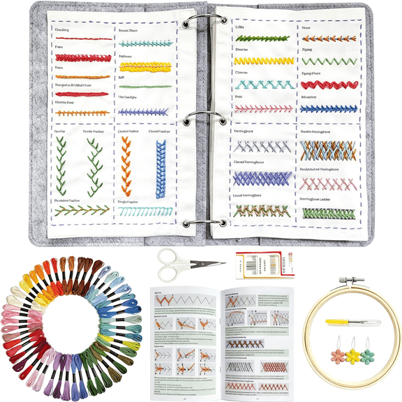 TUWAFE Large Embroidery Stitch Book with Complete Tools & Step-By-Step Guide - Loose-Leaf Stitch Set with 109 Stitches,Diy Hand Embroidery Starter Kit for Embroidery Enthusiast