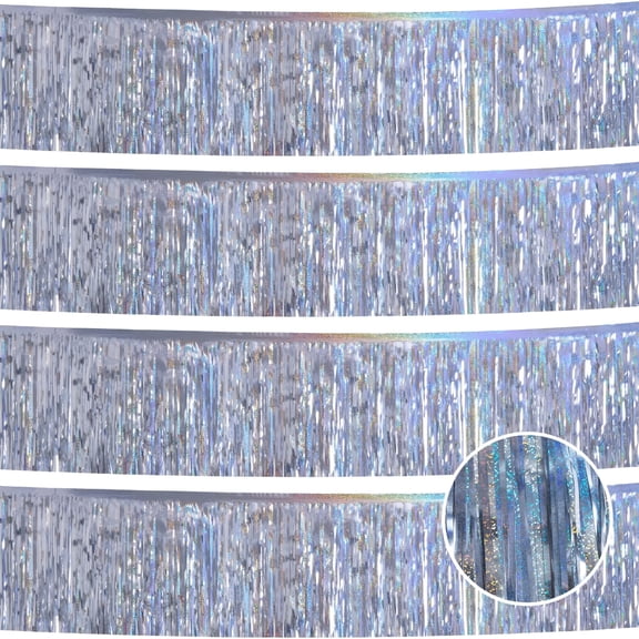 TUWAFE Laser Silver Streamers Party Decorations 4Pack 48Ft Table Skirt Tinsel Garland Metallic Parade Float Decorations Ceiling Backdrop Curtain for Wedding Birthday Party Decoration Halloween