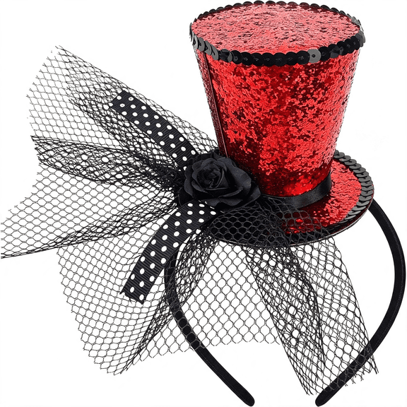 TUWAFE Mini Top Hat Fascinator Headband with Veil for Women Girl Festival Halloween Christmas Party Costume Theme Party Top Hat Headband