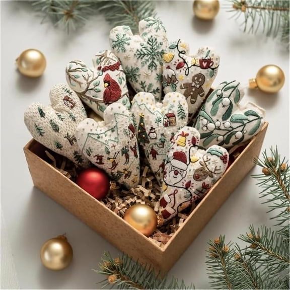 TUWAFE New Christmas Embroidery Kits,Diy Heart Shaped Hand Christmas Tree Embroidered Ornament Kit,Nativity Cross Stitch Kit for Winter Pattern Embroidery Decoration(With Needles-8Pcs)