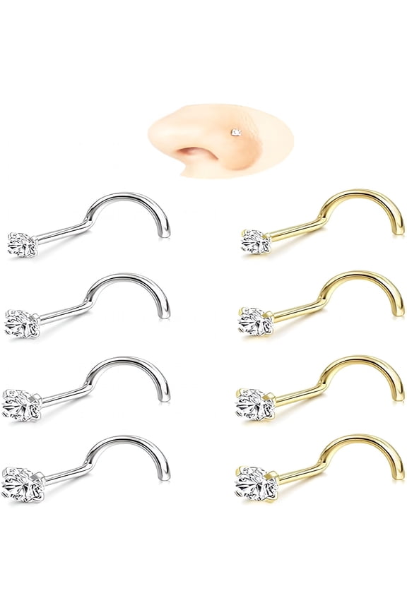 Nose Rings Studs: 8Pcs 20G/18G Gold/Silver 316L Surgical Stainless Steel Nose Studs Hypoallergenic Corkscrew Nose Piercing Stud Jewelry for Women Men Clear Cubic Zirconia Imitation Diamond Top