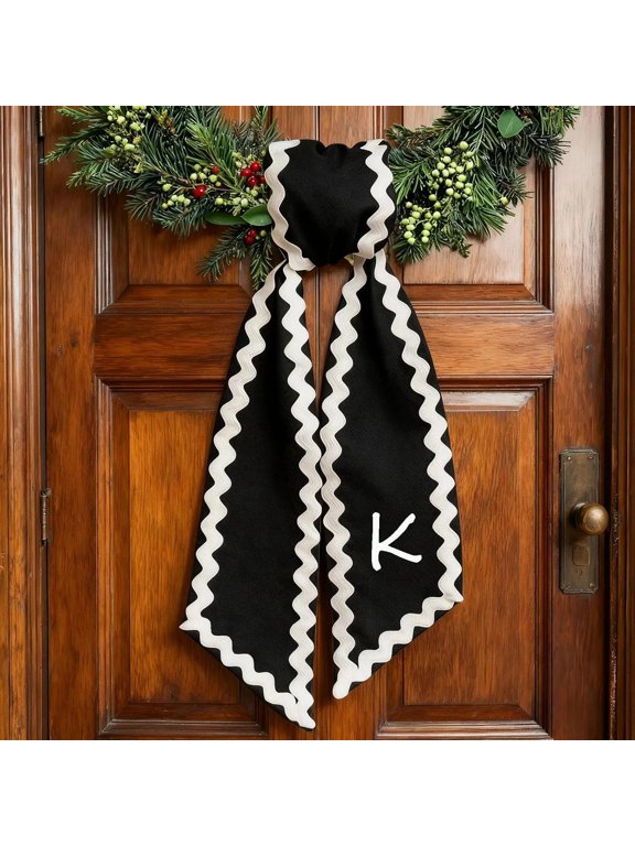 Personalized Monogram Wreath Sash,Initial Door Decor Ribbon,Embroidered Front Door Accent,Housewarming Gift Monogrammed Wreath Sash for Front Door(Black)