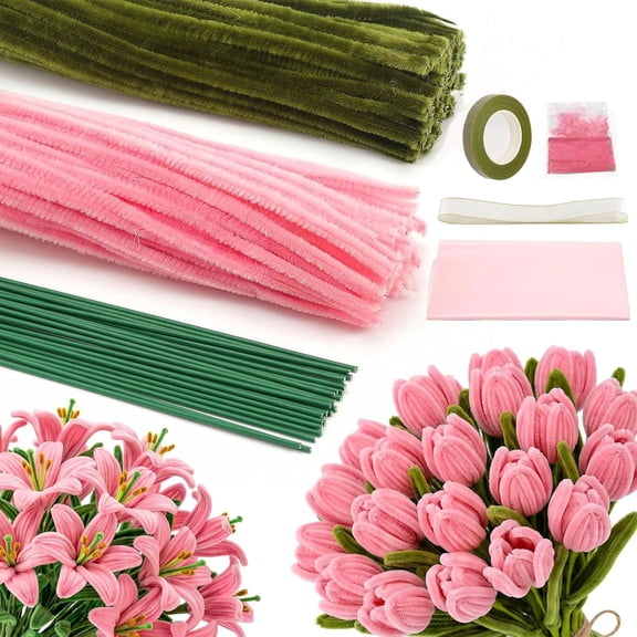 TUWAFE Pipe Cleaner Flower Kit, Pipe Cleaners Craft for Flowers, Chenille Craft Kit with Chenille Stems, Craft Wire, Tape, Ribbon & More, Perfect for Arts, Gifts & Decorations