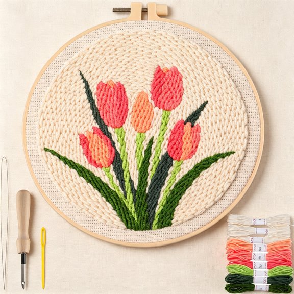 TUWAFE Punch Needle Kit Adults Beginner- Step-By-Step Guide & Video, Including Punch Needle Fabric with Pattern/Hoop/Needle/Yarns, Spring Embroidery Craft Kits, Easy Hobby Gifts for Women, Tulip