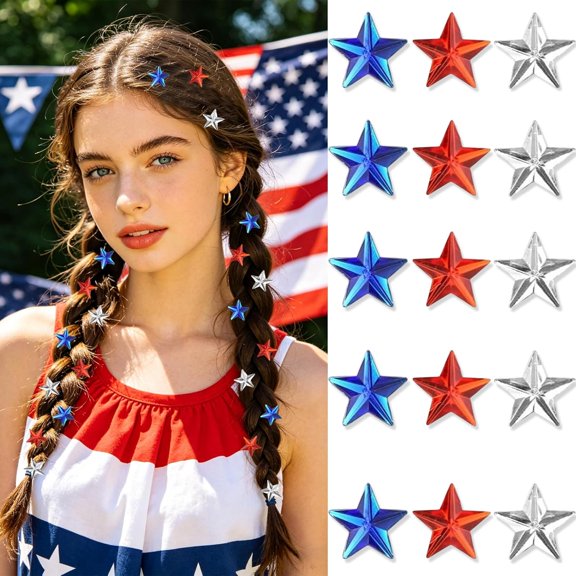 TUWAFE Red White Blue Star Hair Clips 15Pcs Patriotic 4Th of July Hair Accessories for Women Y2K Acrylic Snap Hair Barrettes for Braids Dreadlocks,"Dependence Day Usa Flag Hair P"S for Party Decor
