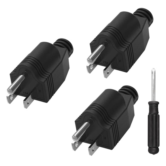 TUWAFE Replacement Plug,3 Pack Replacement Plug 3 Prong with 1 Screwdriver,Black | 3 Prong Plug, Extension Cord Ends,15A 125V 2Pole 3 Wire Male Plug, Neutral Ground Bonding Plug