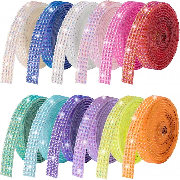 TUWAFE 2026 New Rhinestone Ribbon Self Adhesive Crystal Rhinestones,12-Rolls Bedazzling Strips,12-Yard Rhinestone Strips for Diy Craft,Rhinestones for Crafting