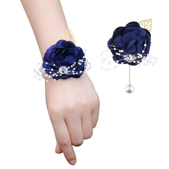 TUWAFE Rose Dark Blue Flower Corsage and Boutonniere Set 2,Handmade Silk Flower Corsage Wristlet Wedding Accessories for Brides,Bridal Shower Gifts for Bride Prom Party Wedding Ornament