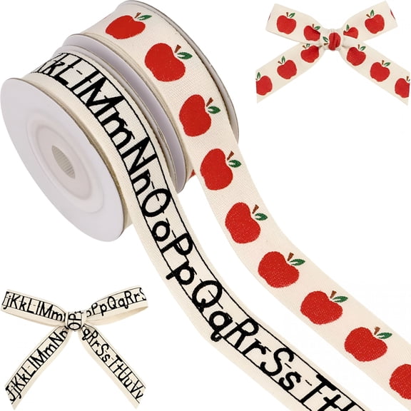 TUWAFE School Ribbon for Crafts 2 Pack,5/8 Inch X 5 Yards Cotton Apple Alphabet Back to School Ribbon for Hair Bows Gift Wrapping Teacher Gifts