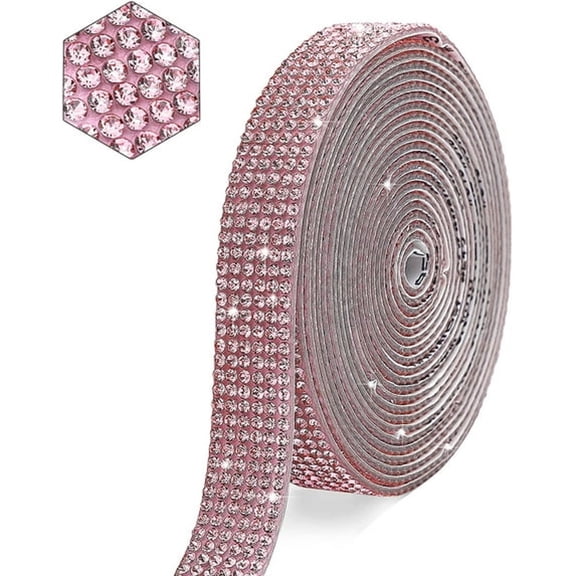 TUWAFE Self Adhesive Crystal Rhinestone Ribbon Strips, 1 Yard Diamond Ribbon Bling Rhinestone Sticker Rhinestone for Crafts, Wedding, Christmas Party Pink Rhinestones