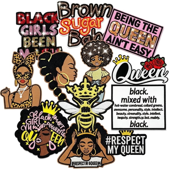 TUWAFE Sequin Black Girl Iron on Patches,Queen Embroidered Patch for Clothes,Women Applique for Backpacks,Hats,Jeans,Jackets Black Girl Iron on Patches-11Pcs