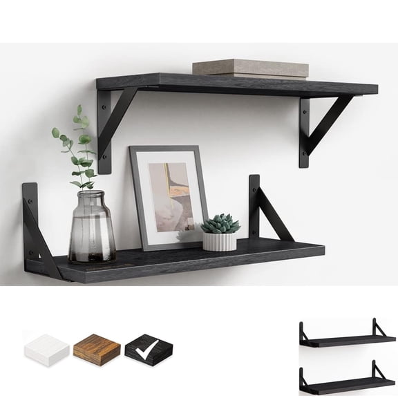 TUWAFE Set of 2 Wall-Mounted Floating Shelves W/Triangle Bracket, 16 Inch Black Rustic Wood Storage Shelf for Living Room Kitchen Bedroom Bathroom, black floating shelves