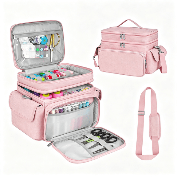 TUWAFE Sewing Supplies Organizer(10.5 X 8 X 9Inch),Double-Layer Sewing Accessories Storage Bag,Protable Travel Sewing Box Sewing Basket for Sewing Tools,Pink(Bag Only)