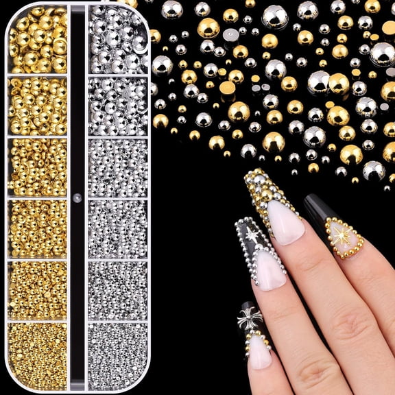 TUWAFE Silver and Gold Nail Charms and Gems, 1.5-5Mm Half Round Flatback Nail Pearls Ball Beads for Nails, Pearl Nail Charm Rhinestones for Crafting Face Hair