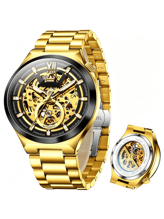 Skeleton Watches for Men Luxury Dress Automatic Self Winding Mechanical Gold Plated Stainless Steel Waterproof Luminous Business Men Wrist Watch Reloj Para Hombre