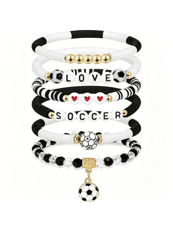 Soccer Bracelets for Girls, 6Pcs Stackable Soccer Beaded Bracelet Set, Soccer Jewelry Gifts for Players, Daughters, Teammates, Team Game Day Accessories.