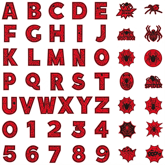 TUWAFE Spider Iron on Patches (50 Pack) - Embroidered Graphic Appliques for Clothes, Hats, Jackets - Sew on Spiderweb Letters & Geometric Designs, Diy Fashion Accessories