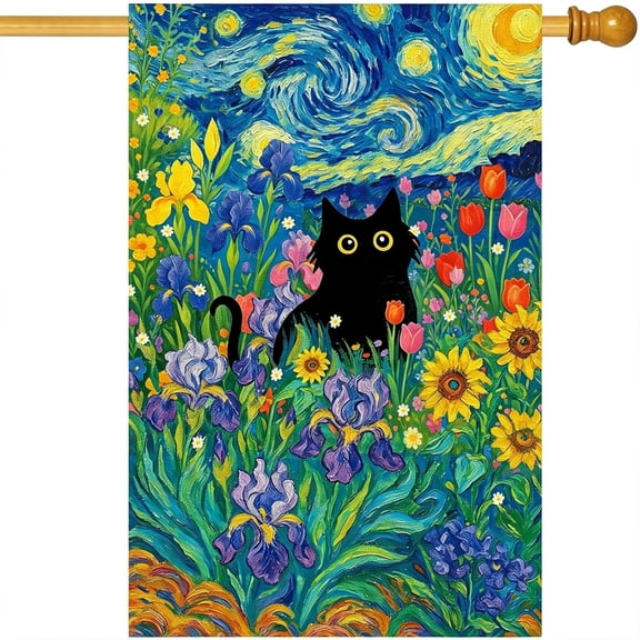 TUWAFE Spring Summer Black Cat House Flag Double Sided 28X40 Inch Burlap,Starry Night Sunflowers Welcome Large Garden Flag Porch Patio Yard Seasonal Farmhouse Outside Outdoor Decor