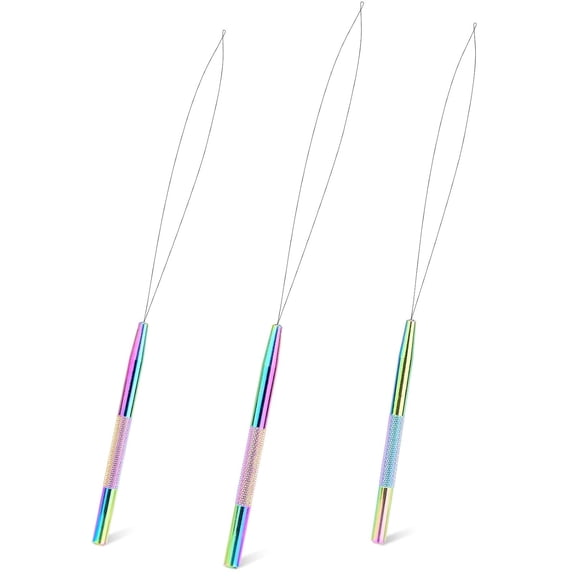 TUWAFE Stainless Steel Hair Extension Loop Needle Threader Wire Pulling Hook Tool and Bead Device Tool,Micro Link Tool Loop Threader for Hair,Silicone Beads,Feather Extensions Supplies,Pack 3