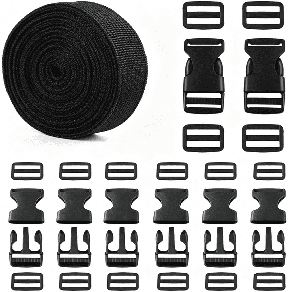 TUWAFE Strap and Buckles Kit - 18 Ft Nylon Webbing 1 Inch Wide,8 Pack Quick Release Buckle,16 Pieces Tri-Glide Slide Clips,Black Plastic Buckles for Strips Set,Adjustable Non-Sewing