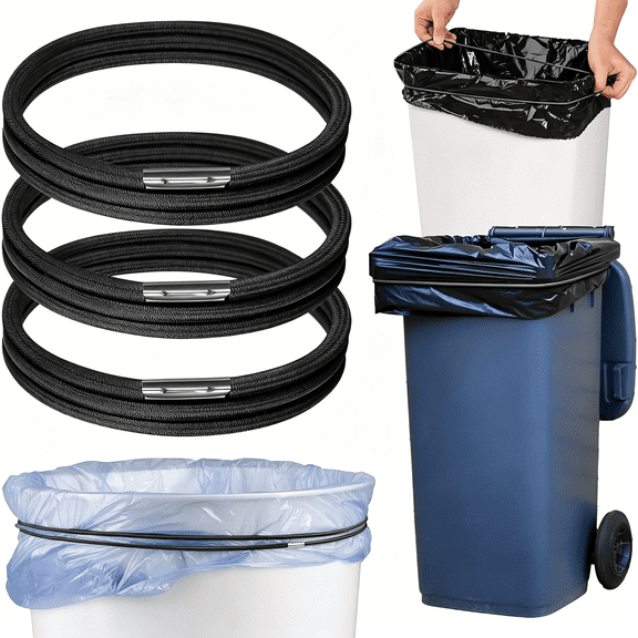 TUWAFE Trash Can Rubber Bands Set of 3-Elastic Garbage Can Bands with Metal Connector,Fits 13 to 33 Gallon Trash Bags-Gripper Trash Can Bands for Waste Baskets,Black