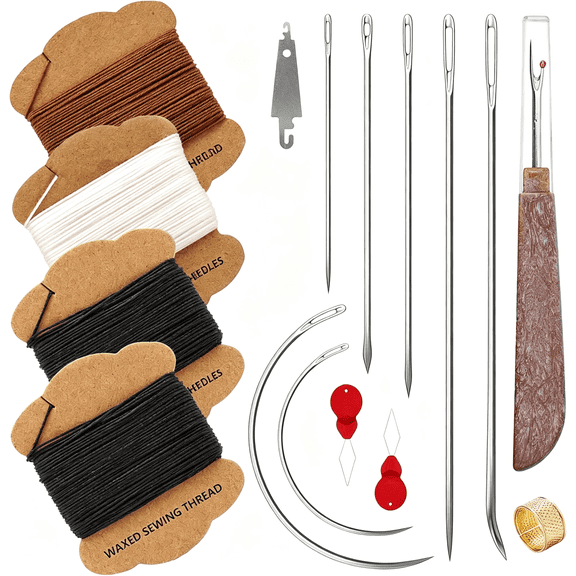 TUWAFE Upholstery Repair Kit: Extra Strong Waxed Sewing Thread 4 Rolls (3 Colors) &Heavy Duty Household Hand Needles (7 Pcs) for Leather, Canvas, Bookbinding & Quilting Thread