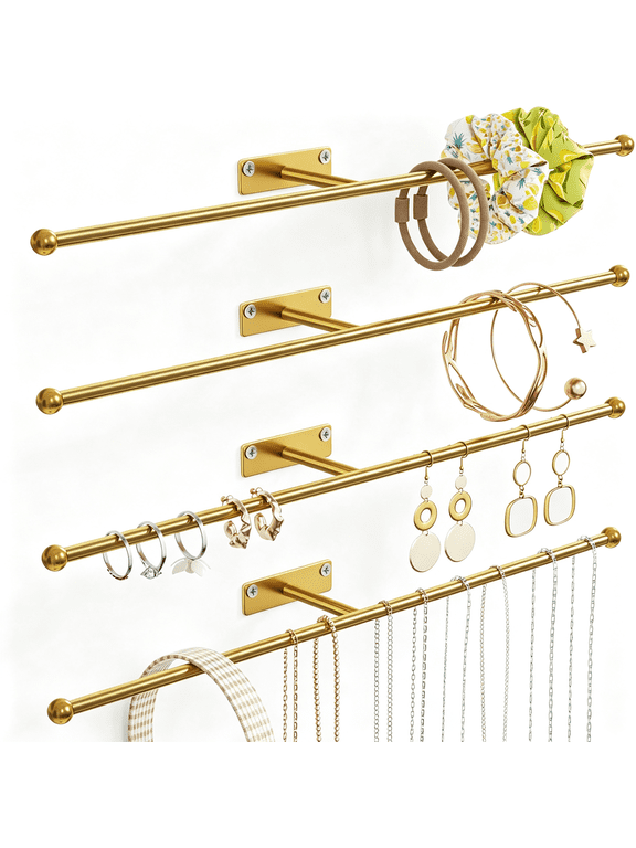 Wall Hanging Jewelry Organizer: 12.6'' Necklace Holder for Earring, Bracelet, Rings, Hairband, Glasses, Gold 4-Pack, Screws Included Jewelry Organizer Wall Jewelry Organizer