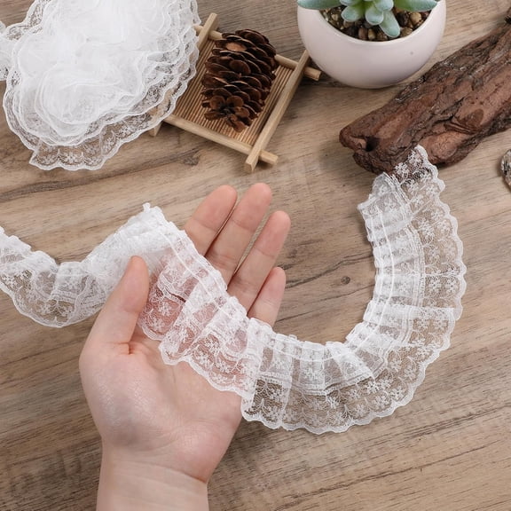 TUWAFE White Lace Ribbon,2-Layer Pleated Edge White Lace Ruffle Trim for Crafts Sewing Diy,1.8" X 5.5Yd