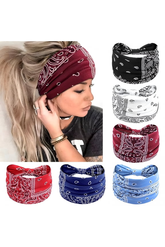 Wide Headbands for Women Boho Knotted Head Wraps Turbans Non Slip Bandana Headbands Sport Yoga Workout Stretchy Hair Bands, Pack of 6