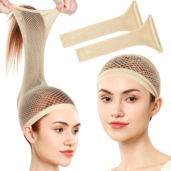 TUWAFE Wig Cap,Hair Net for Wigs,30 Cm Large Mesh Wig Cap for Long Hair for Women,Nylon Hair Net Non Slip for Halloween Rave Party Cosplay-Light Brown 2 Pcs