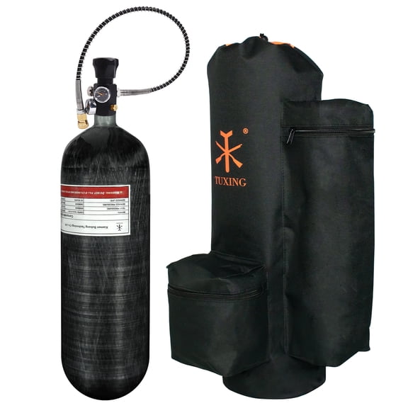 TUXING 4500psi 6.8L/414ci Carbon Fiber Paintball HPA Air Tank with PCP Air System Dual Gauge Valve and Carrier Bag