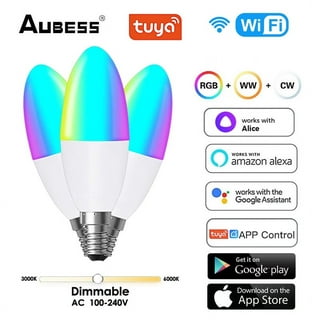 4.5W E14 Base Smart WiFi RGB + White + Warm White Dimmable LED Candle Bulb  6000K-3000K, Works with Google Home, Remote Controlled Via App