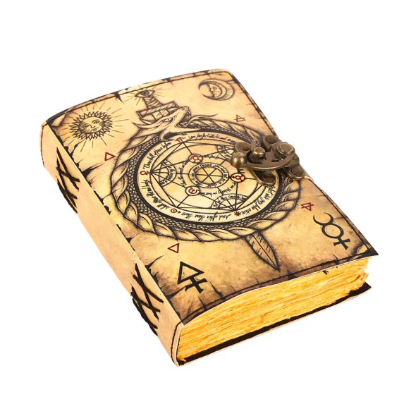 TUZECH Book of Spells Leather Bound Journal Deckle Edge Paper Grimoire Printed Diary Third Eye Notebook Spiral Gothic Notebook Antique Vintage Book for Men and Women (Ouroboros Circle Of