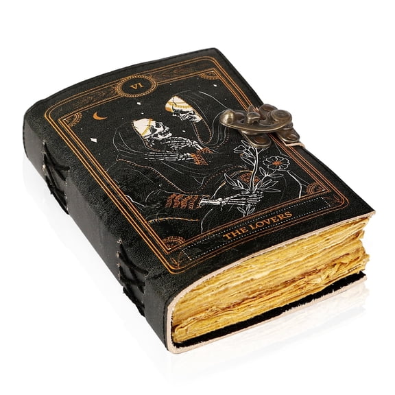 TUZECH Book of Spells Leather Bound Journal Deckle Edge Paper Grimoire Printed Diary Third Eye witchcraft supply and Witch Spell Notebook Antique Vintage Book for Men and Women (The Lovers)