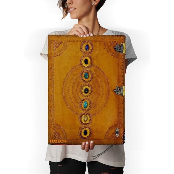 TUZECH Chakra Journal Handmade Huge Leather Bound Journal for Women and Men Book of Shadows Diary College Book Poetry Sketch Spell Book Giant Leather Diary (22 Inches) 240 Pages (Yellow, 22 Inches)