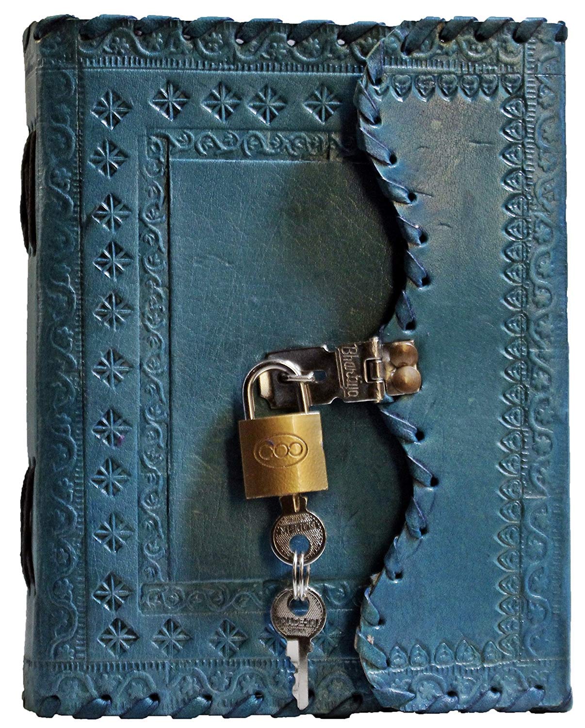TUZECH Leather Journal for Men and Women Diary to Write Poems,Sketchbook Book of Shadows, Record Keeping Notebook Personal Memoir with Lock and Key Leather Bound - Unlined (Blue) SHC93