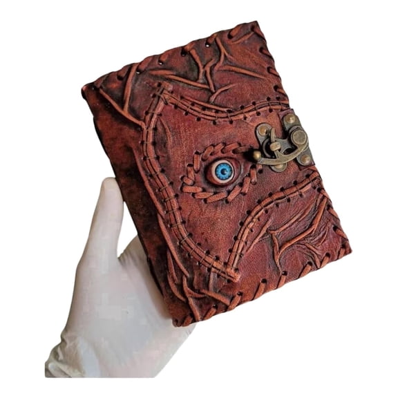 TUZECH Customizable Hocus Pocus Book of Spells Leather Journal with Third Eye Design Deckle Edge Paper Vintage Grimoire Witch Notebook with Seven Chakra Lock Clasp (7 x 5 Inches)