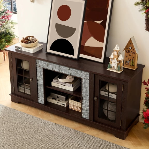 TV 2-Door Storage Faux Stone Media Console Cabinet Cherry Large Entertainment