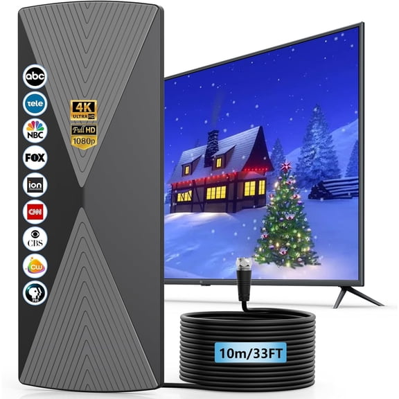 TV Antenna Indoor 2025 Long Ran Antenna for Smart TV with Amplifier Signal Booster for Local Channels Digital inddor Antenna for All Older TV's-Supports 4K 1080p -33ft Long Cables