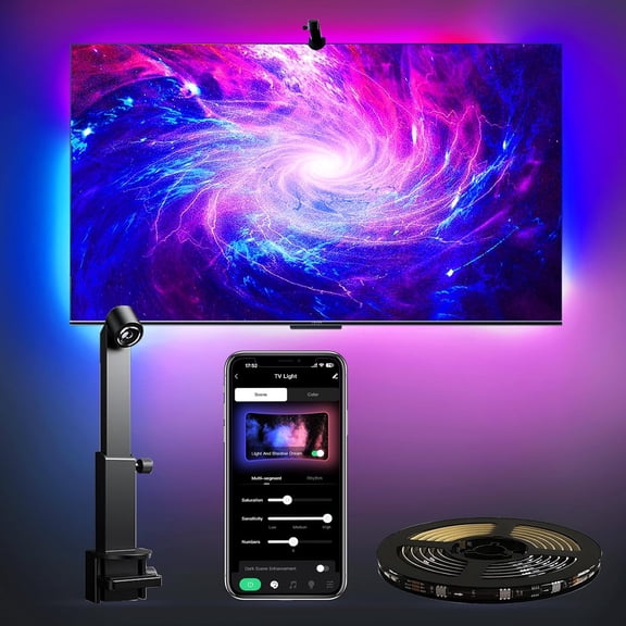 TV Backlight with Camera for 55-65 inch Screens, 13Ft Strip Lights Sync to Screen & Music, Built in Chip Strip Lights Color Changing, App Control, Power