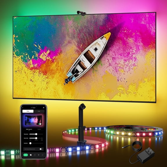 TV Backlight LED 15ft - TV Backlight Sync to Screen PC Monitor for 55-75 Inch RGB LED Strip Lights Cuttable with Sensor Smart App Control Game & Music Sync Color Changing Light for Home Decor